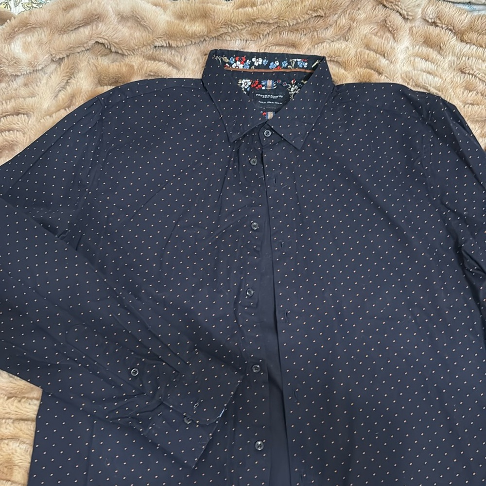 Navy blue with tan tiny dots long sleeve shirt, with floral accents